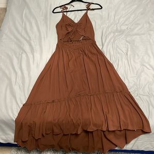 Maxi Dress - brown high low with cutout in the front